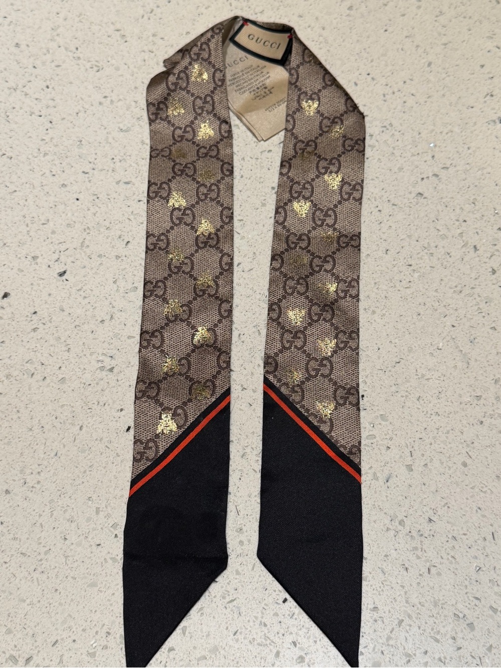 Gucci Brown GG Monogram Silk Twilly with Gold Motif and Black Tips